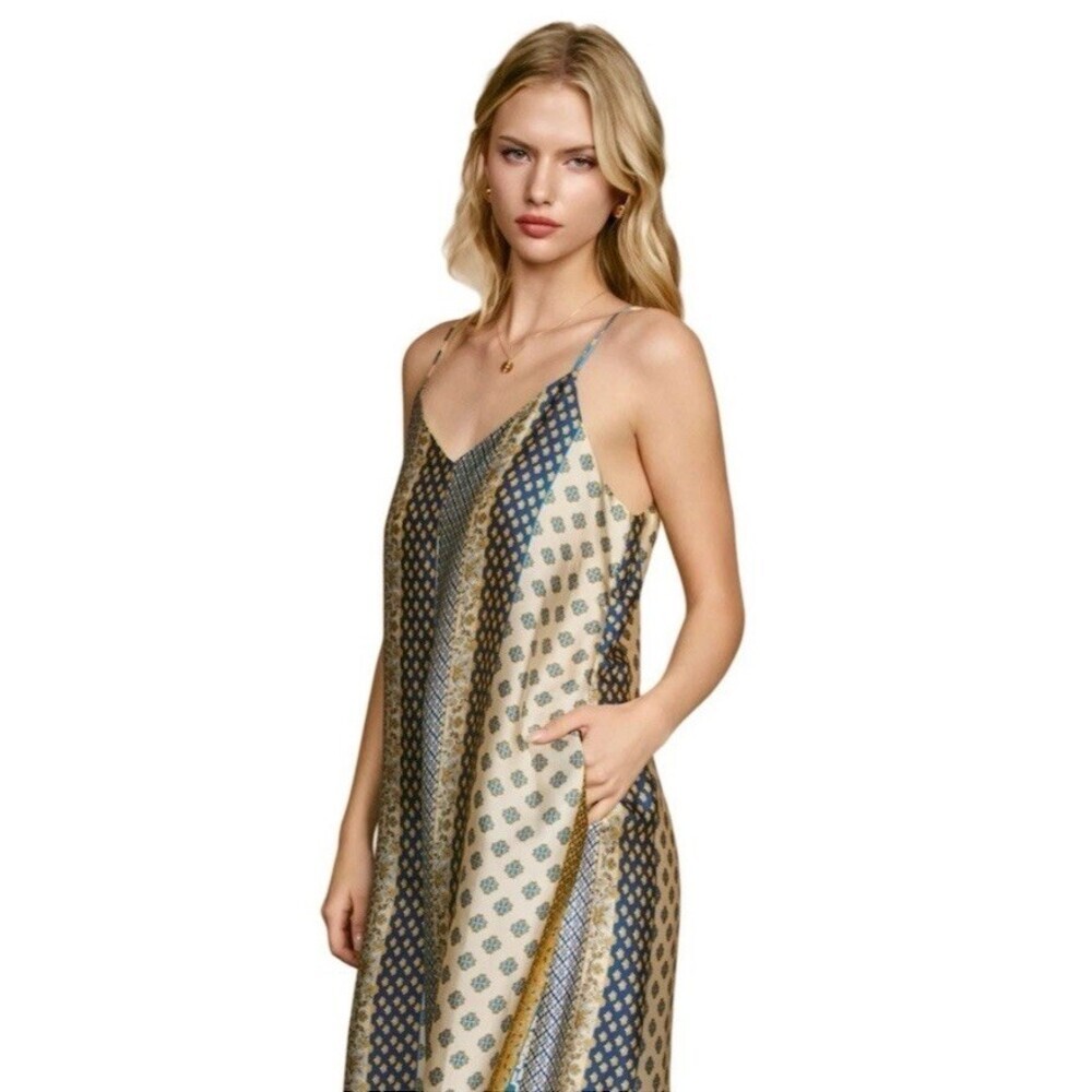 Wide Leg Silky Satin Boho Patchwork Palazzo Jumpsuit L Hippie Festival Gypsy - Picture 7 of 16